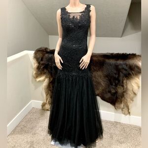 Custom Elegant Floral Embroidered Lace Sequins & Beads Evening Gown